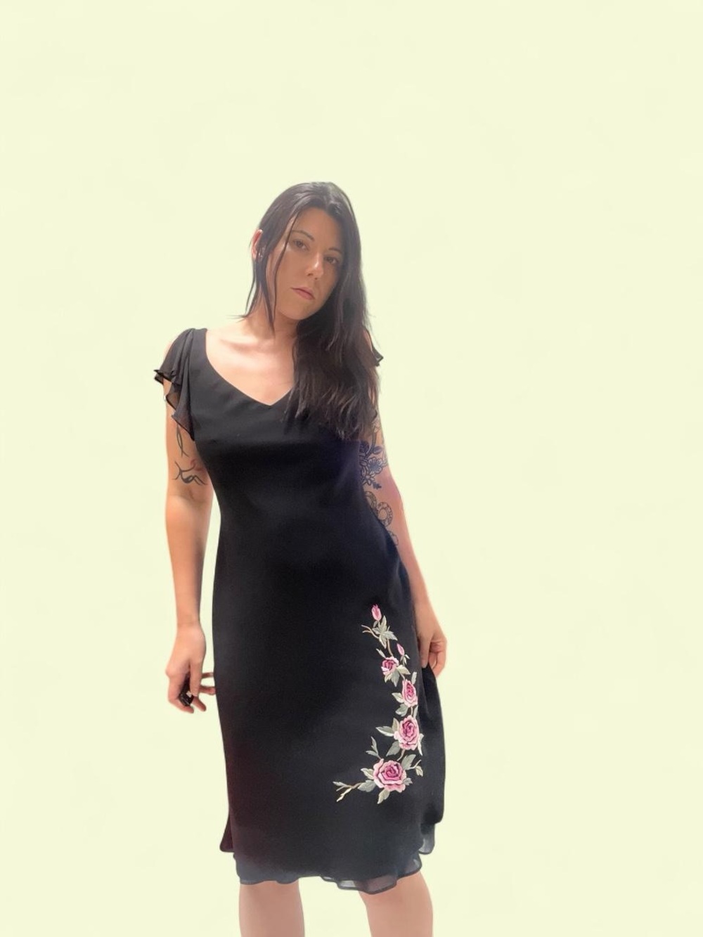 Black Floral-Embroidered Midi Dress